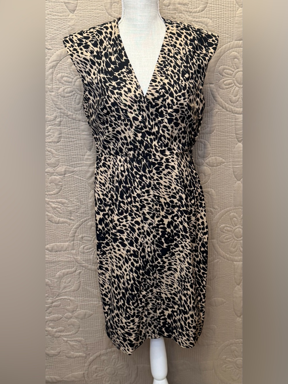 Emma & Michelle Sleeveless Leopard Print Faux Wrap Dress - Black & Cream